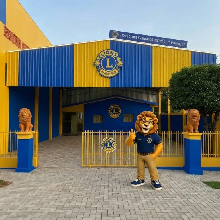 Sede do Lions Clube Francisco Beltrão, fachada azul e amarela com mascote do Lions